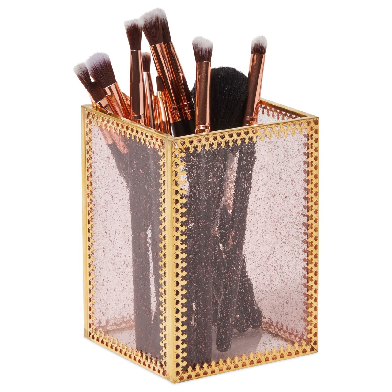 Glamlily Glass Makeup Brush Holder - Space-Saving Vanity Makeup Organizer - Vintage Brass Frame Brush Holder - Covered Glass Bathroom Organizer - 3.5 x 3.5 x 4.5 in, Pink, Brass